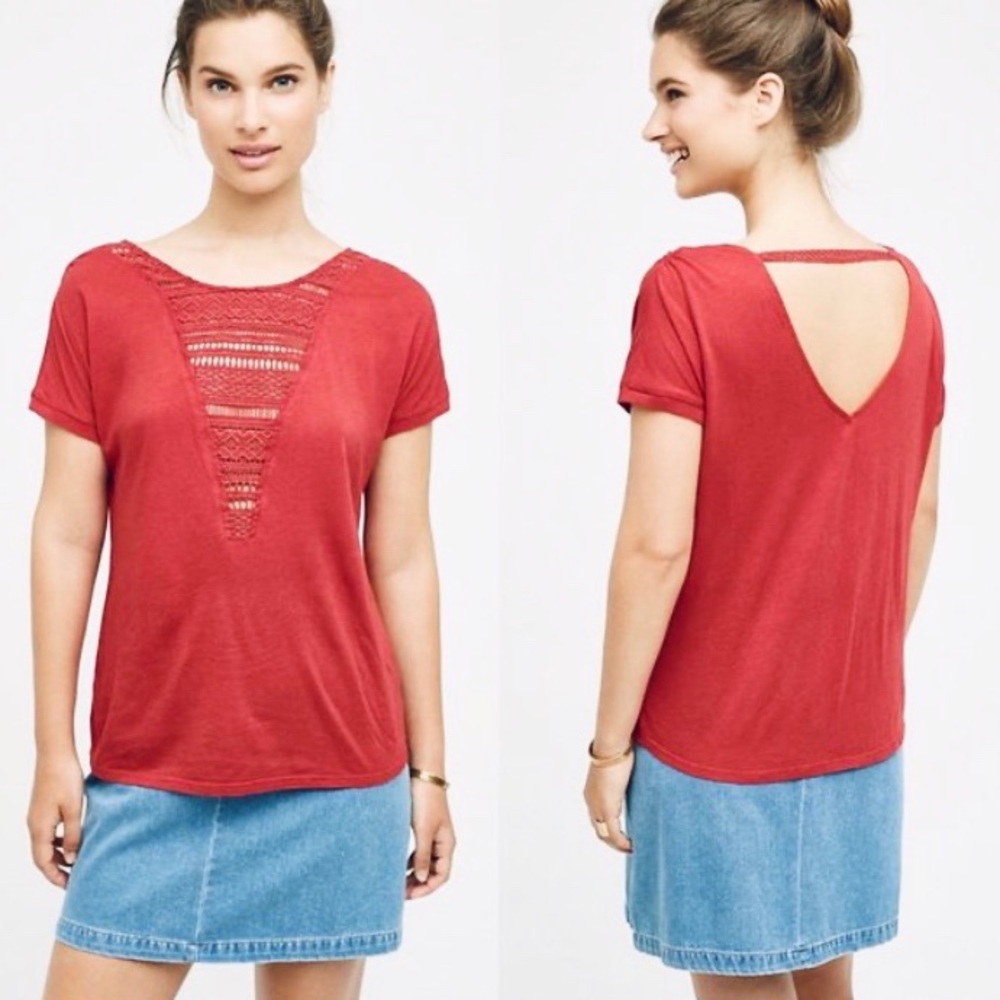 Anthropologie Tiny Macrame Bib Tee Red Cut Out Back Top M